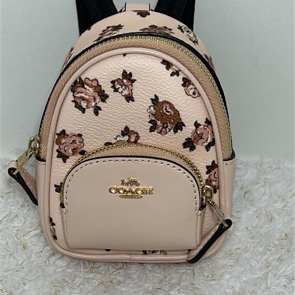 Coach Pink and Brown Floral Mini Bag Keychain - Picture 11 of 13